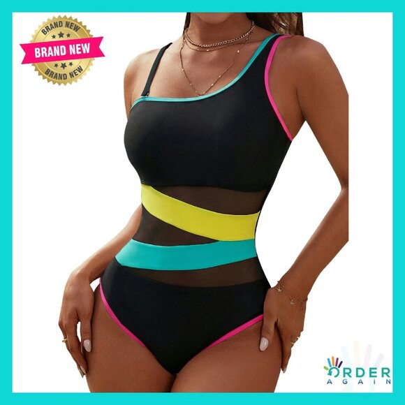 Other - One Shoulder Mesh One Piece Swimsuit Slimming Retro Elegant Chic